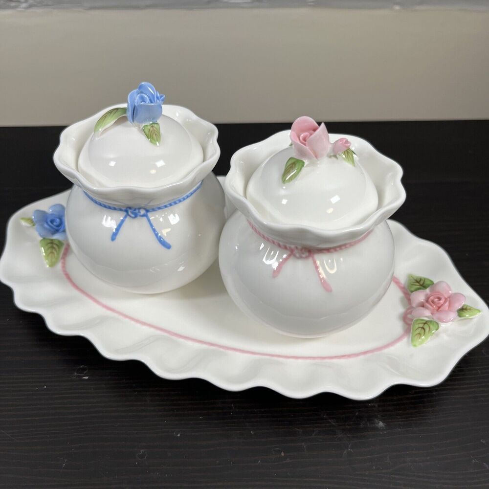 VintageVictorian Capodimonte Blue/pink‎ Rose Hankook Bone China Sugar Bowls Tray